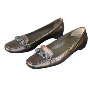 Prada Bronze Flat Patent Leather Loafers with Chain Link Embellishment